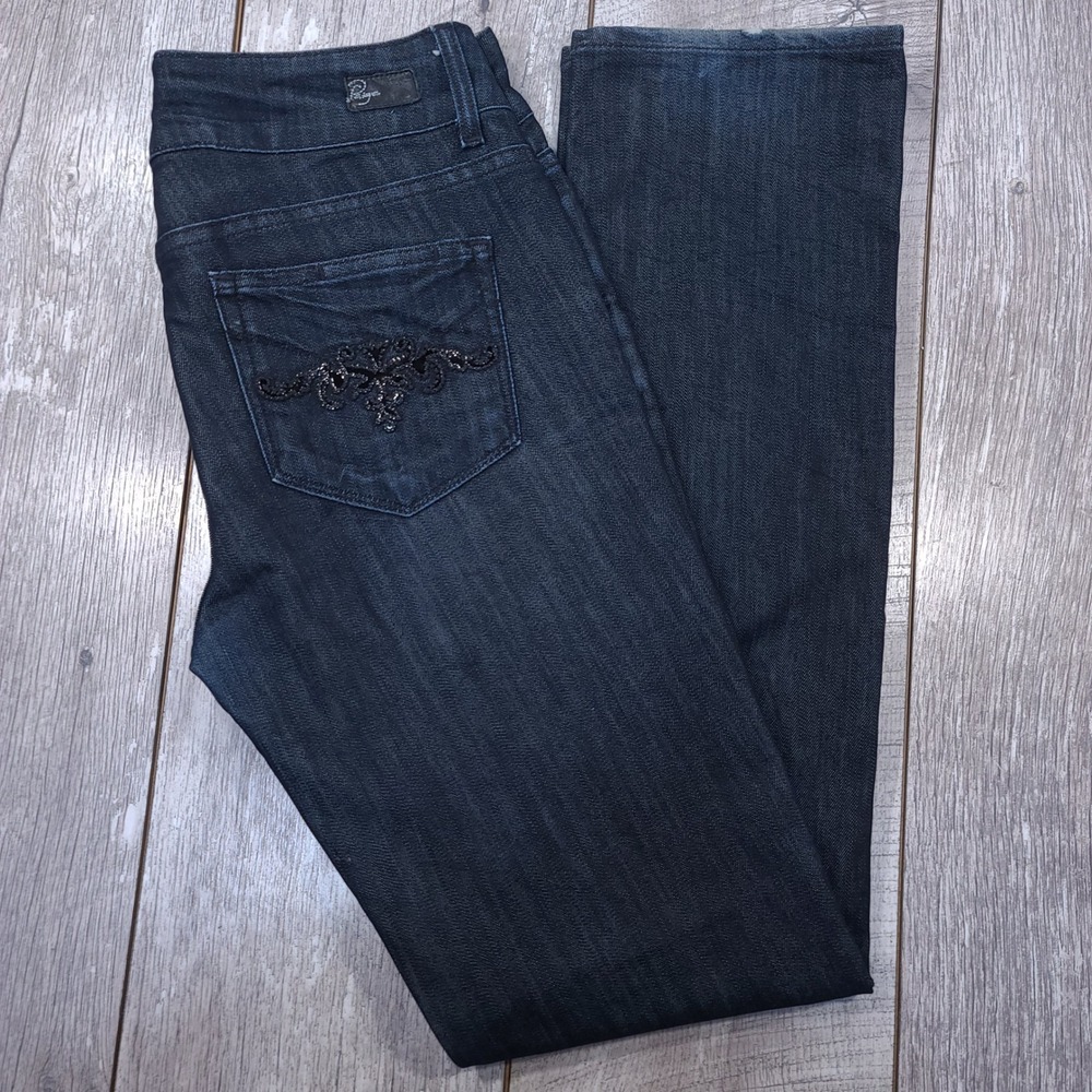 Paige Hidden Hills Jeans Women 32x34 Dark Blue Beaded Straight Leg Denim